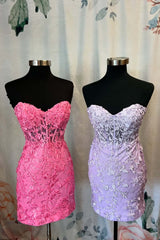 Light Blue Lace Strapless Tight Homecoming Dress