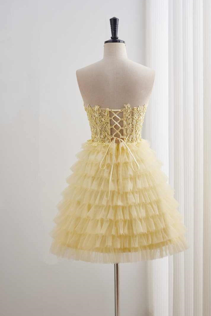 Yellow Appliques Tiered Ruffle Short Homecoming Dress