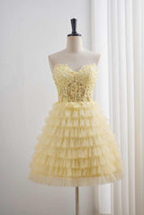 Yellow Appliques Tiered Ruffle Short Homecoming Dress